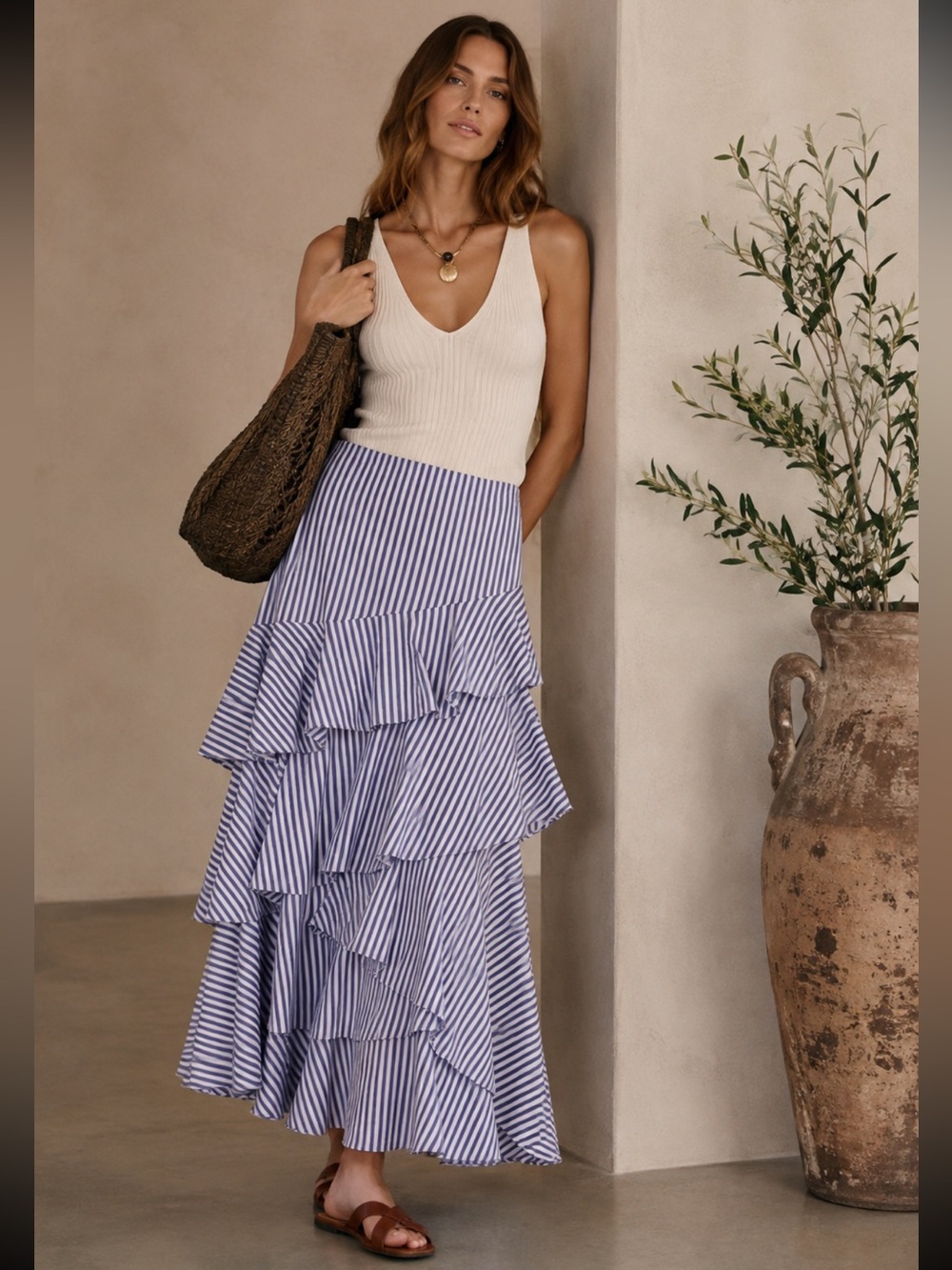 Banana Republic Blue and White Striped Tiered Ruffle Maxi Skirt